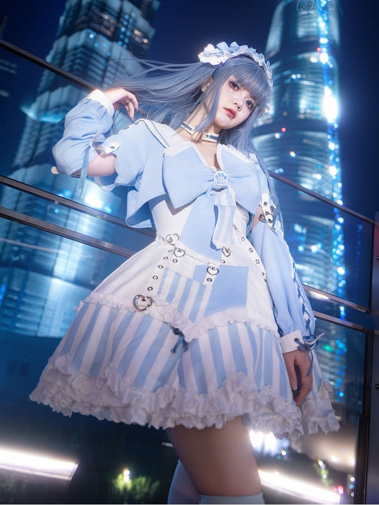 Kitty Light Bow Kaiwai Set Blaues JSK-Kleid Kurz geschnittenes Tenshi Lolita Sailor Striped Big Top Muster Ohren + - Kragen