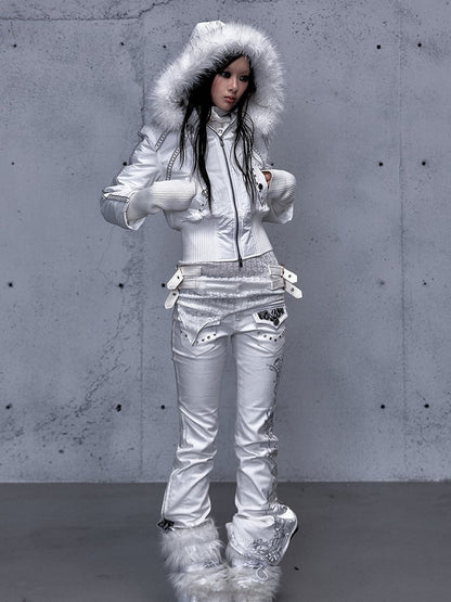 Hoodie Placket Two-Way Wasteland White Knitted Jacket Sleeves with Zip Punk