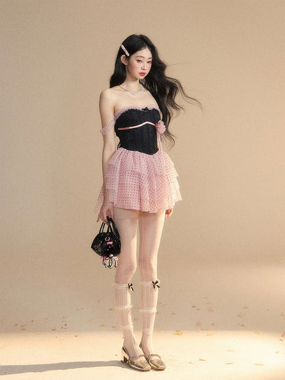 Dress Tiered Polka-Dot Mesh Skirt Floral Black  Pink Mini Accent Pattern