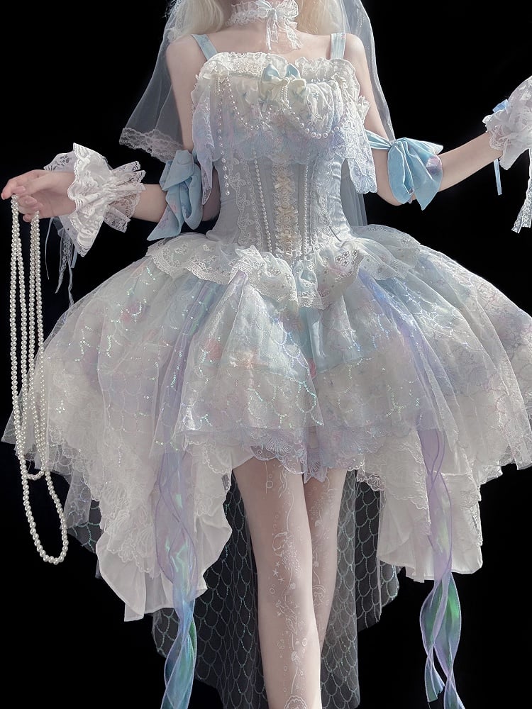 Wrist Head Veil Print Blue Choker + Fairy Dress JSK Ocean-themed Cuffs Lolita Corset