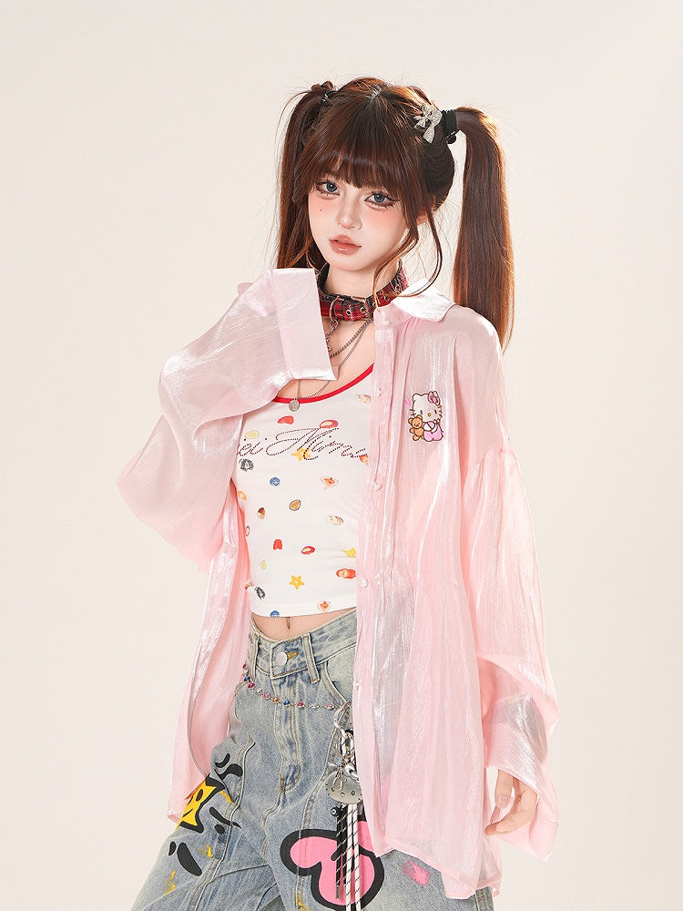 ハートピンク/アプリコットサンプロテクションシャツ フリルバックリボンディテール