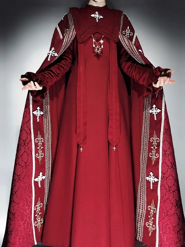 Cross Decorated Details Lolita Cloak and Wine Embroidery Red Nun