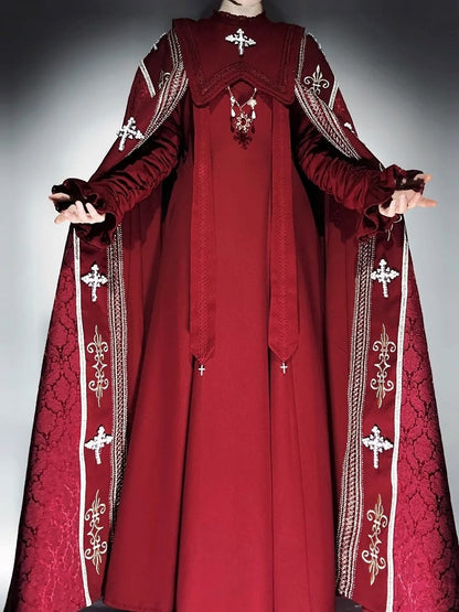 Cross Decorated Details Lolita Cloak and Wine Embroidery Red Nun