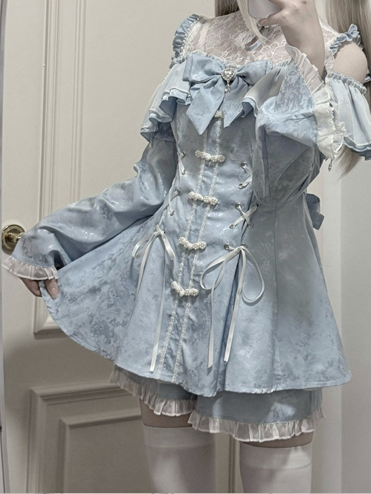 ショートパンツ、蝶ネクタイ、チャイナドレス、ライト、ネックライン、ケイスタイルセット - ジライイリュージョンミニドレス、ブルー、ベルスリーブ