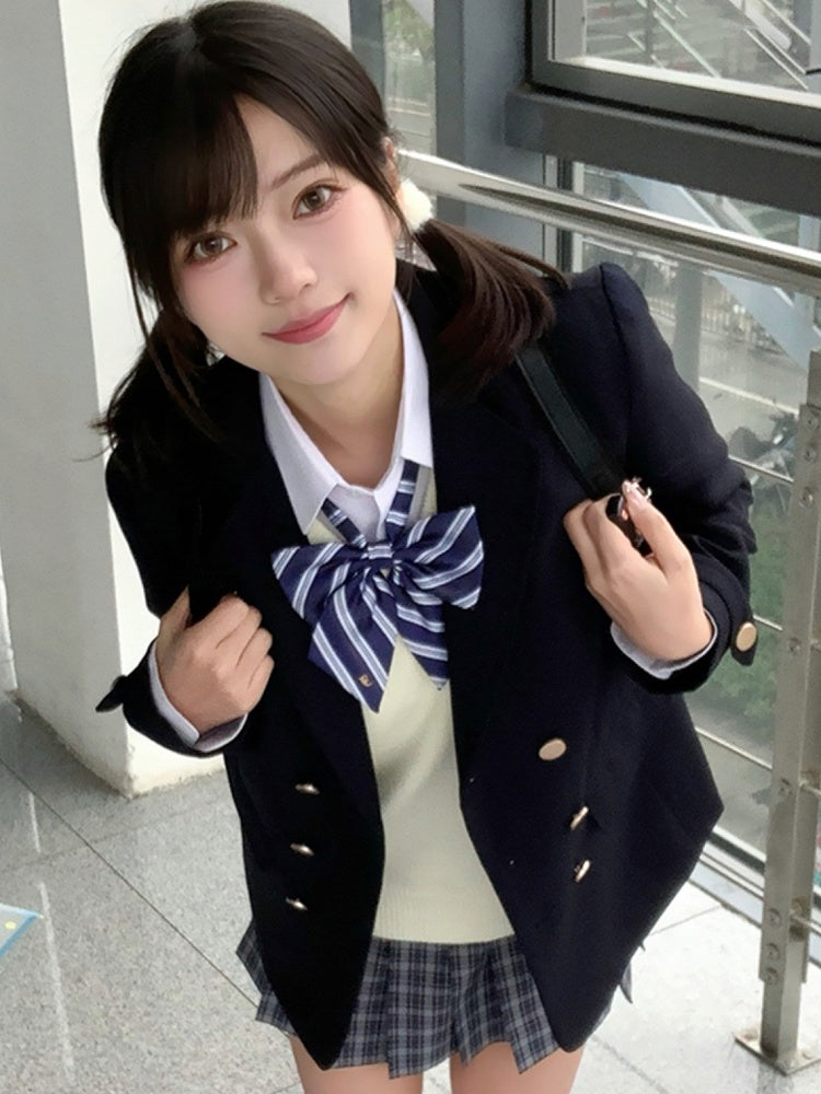 JK Dekoriert Blazer Blau Preppy Stil Abzeichen Uniform Dunkel