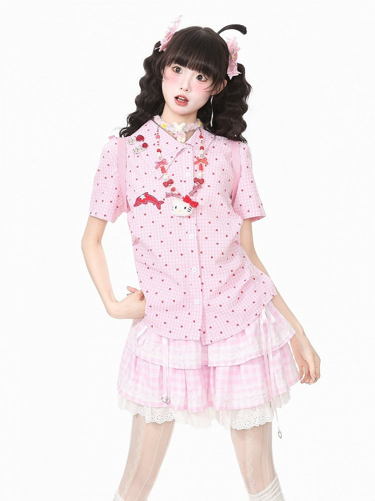 Heart Print Pink Asymmetrical Dolphin Embroidered Shirt - Languid Park