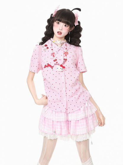 Heart Print Pink Asymmetrical Dolphin Embroidered Shirt - Languid Park