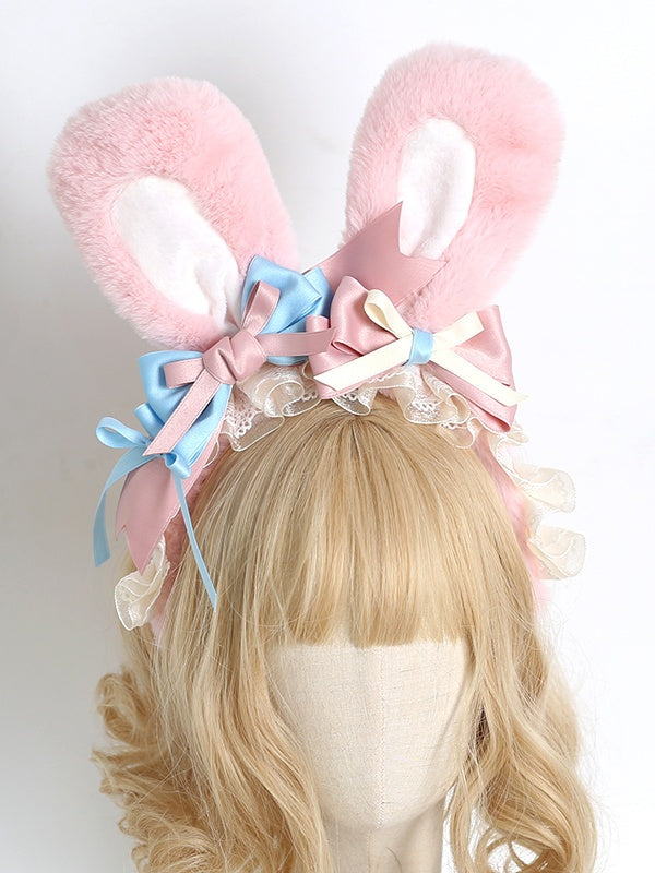 Bowknot Pink with Blue KC Ears Details Plush Cute Bunny Lolita