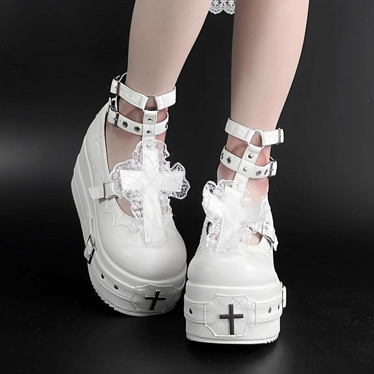 Matte White Gothic Lolita Lace Trim Cross Platform Shoes