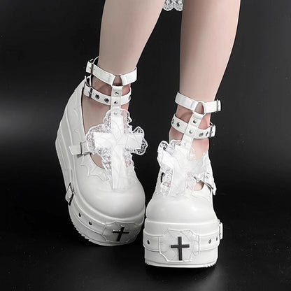 Matte White Gothic Lolita Lace Trim Cross Platform Shoes