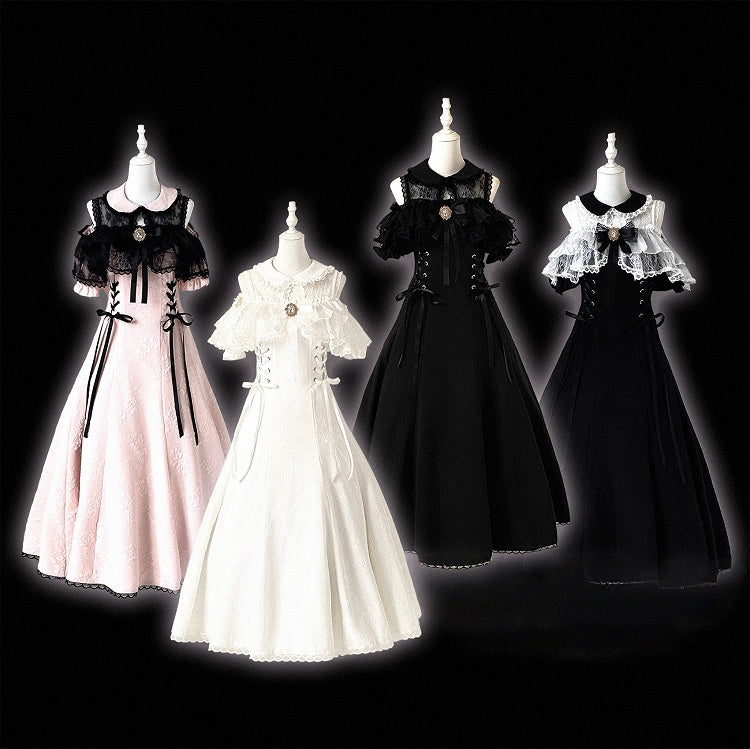 Off-Shoulder Jacquard Dress with Bow Accents, Peter Pan Collar, 4 Colorways - Kitty Bxllet