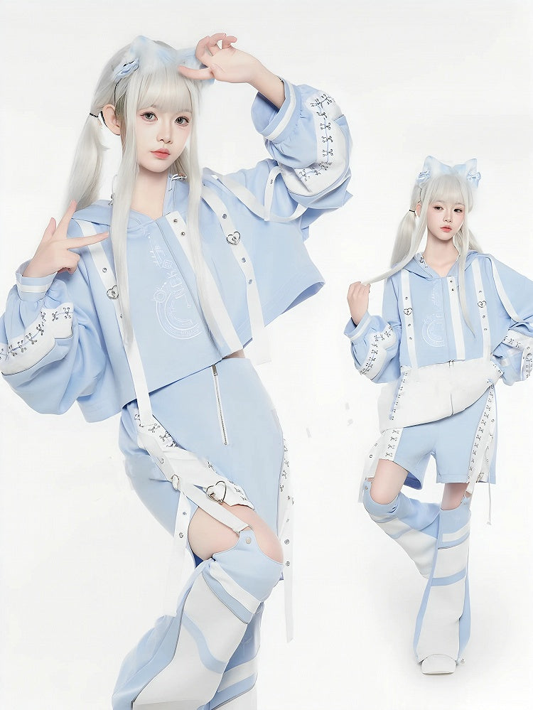 Blue - + Kaiwai J-Style Detachable Futuristic Set Shorts Jacket Leg Coord Light Warmers Tenshi