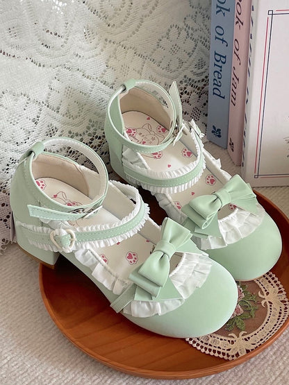 Green Sweet Lolita Mid-heel Mary Janes with Detachable Bow & Ruffles Trim
