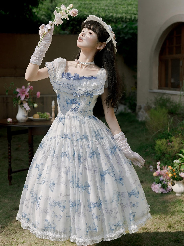 Blue Bows and Butterfly Print Lolita Dress Two Ways Wear Neckline