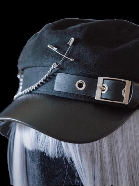Black Punk Chain Beret with Metal Buckle - Strange Sugar