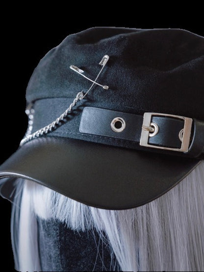 Black Punk Chain Beret with Metal Buckle - Strange Sugar