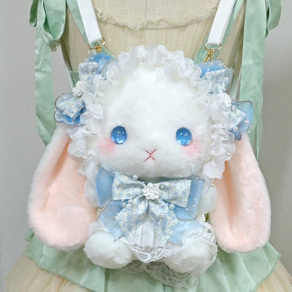with White Bunny Bowknot Decorated Plush Blue Backpack