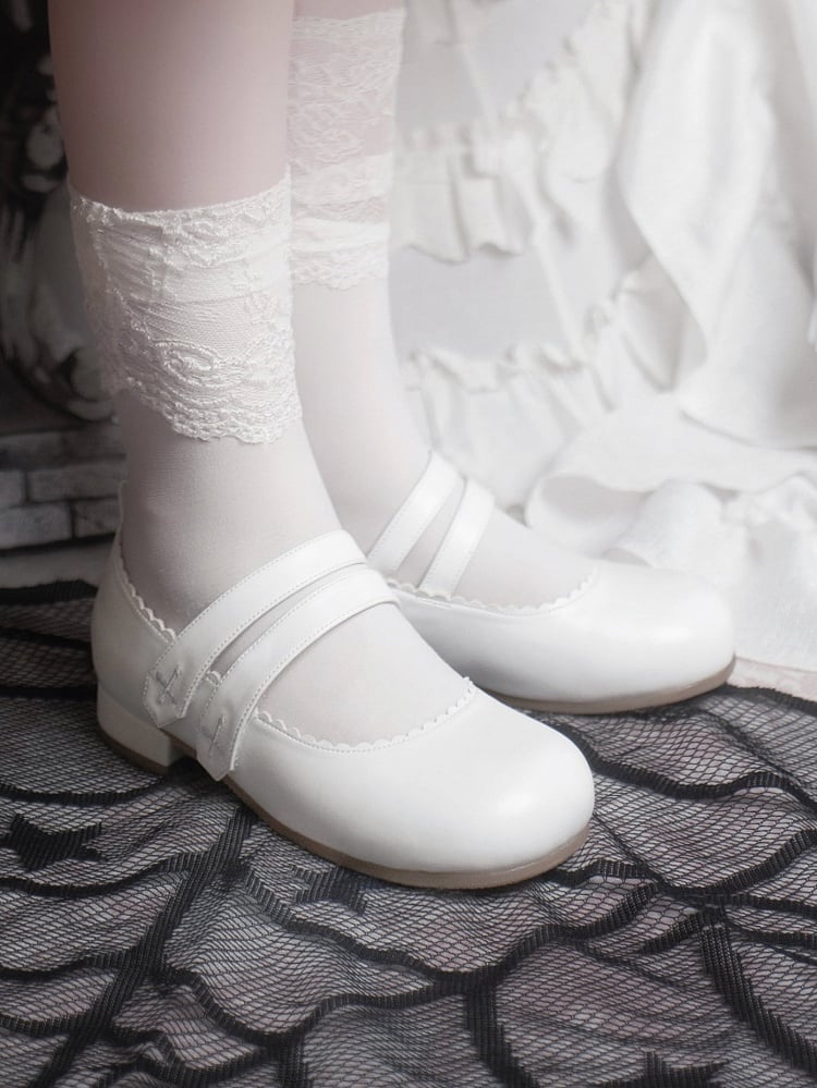 Round Cross White Flats Velcro Gothic Embroidery Toe Strap Closures
