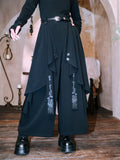 Gothic Black Wide-Leg Trousers with Asymmetrical Layers & Detachable Jellyfish Embroidered Ribbon - Quirky Hut