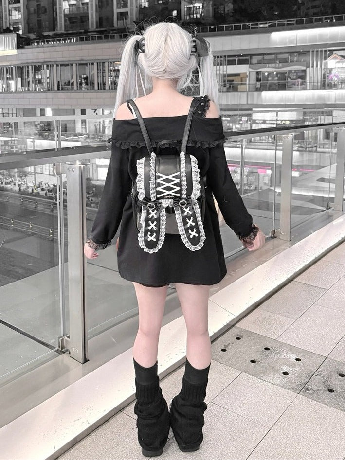 Jirai-kei Black Off Shoulder Long Sleeve Top with 3D Bunny Ears, Lace & Bows - Puppet Bombs