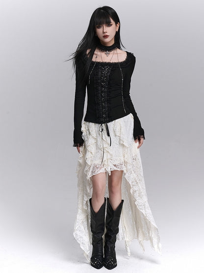 Back with Gothic for Skirt Halloween Asymmetrical Lace Floor-Length Apricot Dramatic