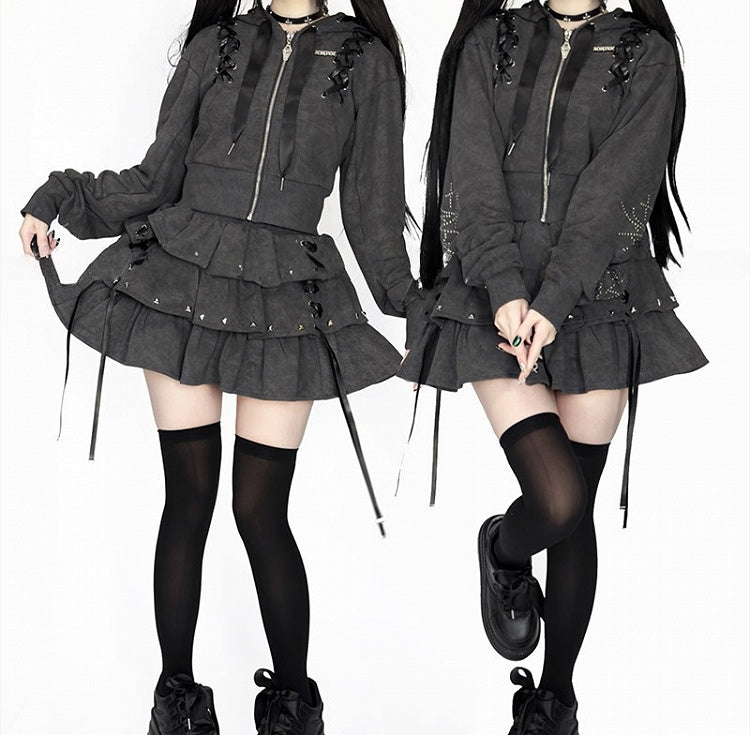 with Gray Studs Skirt Multi-Layer Cross-Decorated Kei Lace-Up Jirai Dark