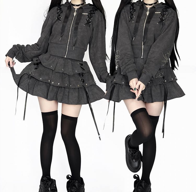 Gray Jirai Kei Stud-Decorated Hoodie Dark Lace-Up