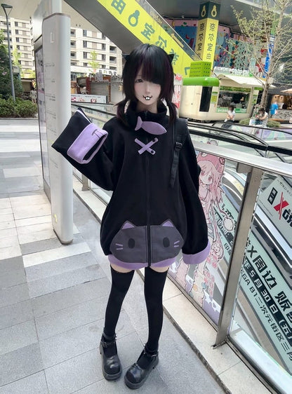 Jacket - Purple Black Decor Cotton Fish