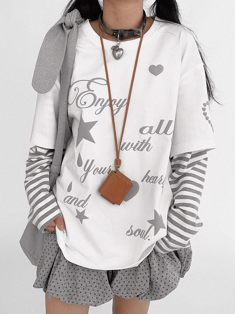 Round Grey Neck White Two-piece Sleeve - Top Long