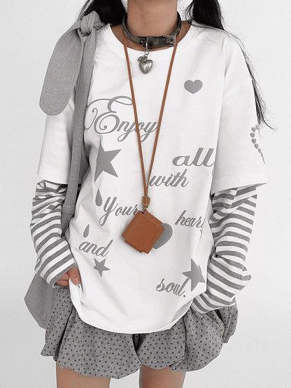 Round Grey Neck White Two-piece Sleeve - Top Long