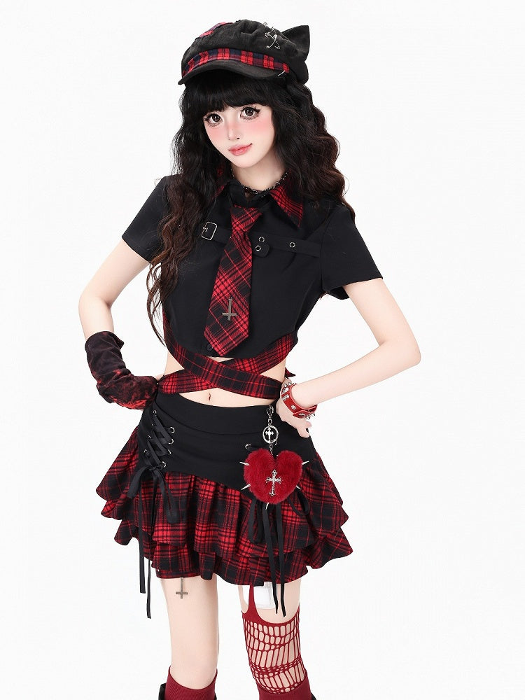 Red & Black Plaid Skirt with Lace-Up Detail - CRAZY GIRL