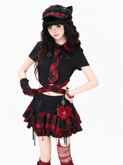 Hot Girl Style Red & Black Plaid Pointed Flat Collar Short Sleeve Top with Tie Detail + Matching Necktie Set - CRAZY GIRL