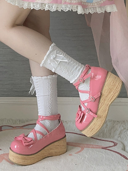 Crisscross Pink Accents Design Toe Round Platforms Rose Bow Sweet Polished Lolita -