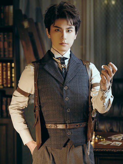 Karierte dunkle Weste Grau Steampunk