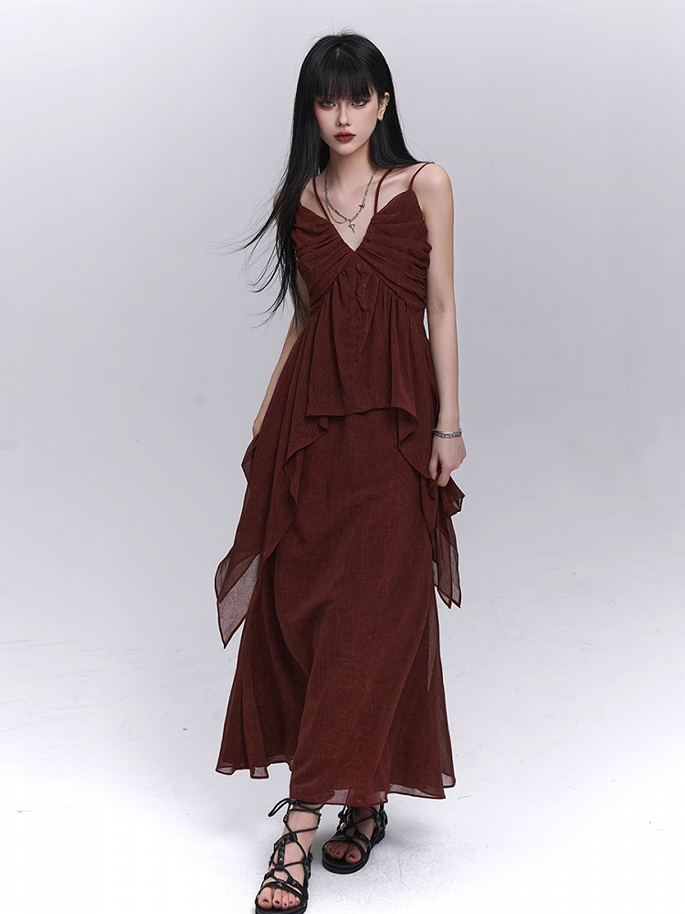 ウエスト 足首丈スカート ダークレッド 伸縮性あり