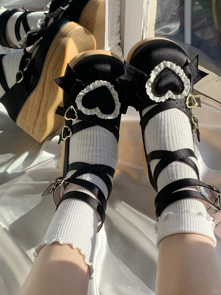 Bow in Heart Sole Toe 6.5cm Top - Removable Platforms Round Accent Black with at Satin
