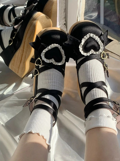 Bow in Heart Sole Toe 6.5cm Top - Removable Platforms Round Accent Black with at Satin