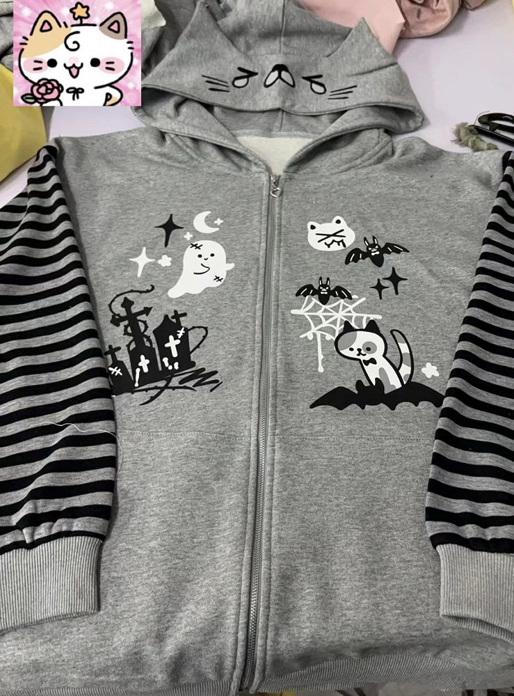 Alt-Culture Halloween-Themed Jacket Print Gray Zip-Up with Hood Cat-Ear