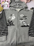 Alt-Culture Halloween-Themed Jacket Print Gray Zip-Up with Hood Cat-Ear