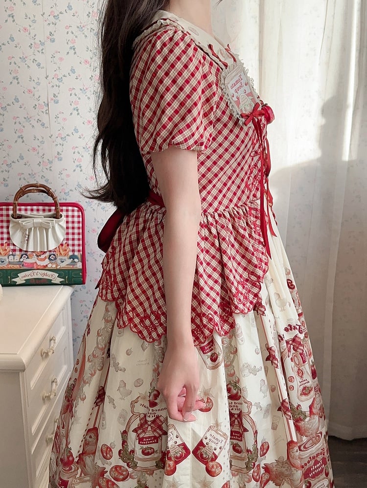 Pattern and Print Tinned Tomatoes Plaid Sleeve Red Country Lolita Short Dress