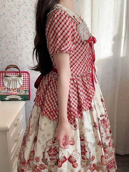 Pattern and Print Tinned Tomatoes Plaid Sleeve Red Country Lolita Short Dress