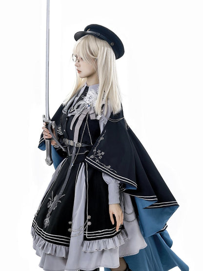 Hemd + Lolita-Westenärmel-Set - Schwarz, lang, grau und Militärrock