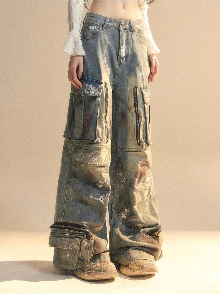Blue Distressed Wide-Leg Jeans with Spray Paint Print and Zipper Pockets - Shao Ye Yan