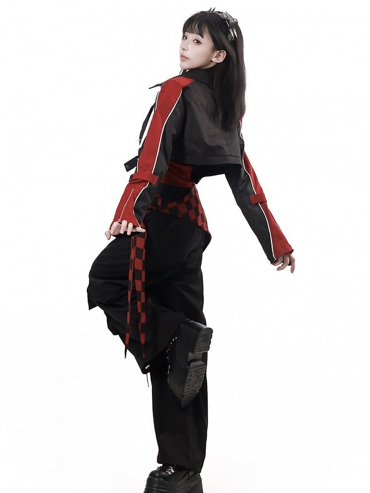 Cropped Moto Jacket in Black & Red with Buckle Straps and Graphic Print - PINK SAVIOR
