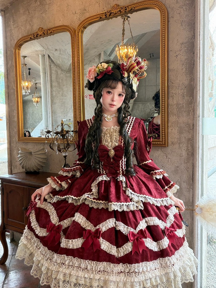 Elegant Classic Wine Red Lolita Dress with Bell Sleeves, Lace & Layered Ruffles - Strawberry Cocoa Lolita