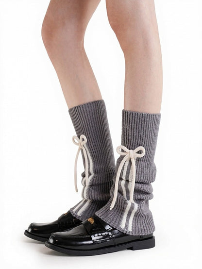 Ribbed Leg Warmers with Stripe and Bow Decor - ModaSwings