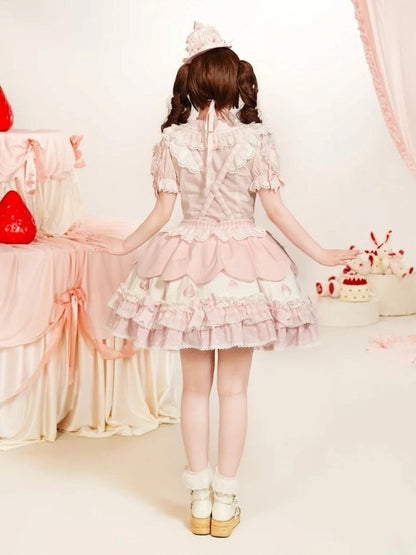 Pink with Bows Applique Print Strawberry Overall Sweet Lolita Dress and Sweetheart