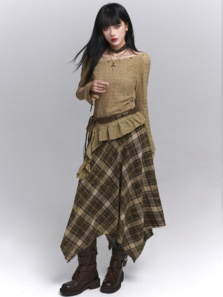with Belt Zipper Detachable Gothic Hem Skirt Plaid Side Coffee Handkerchief