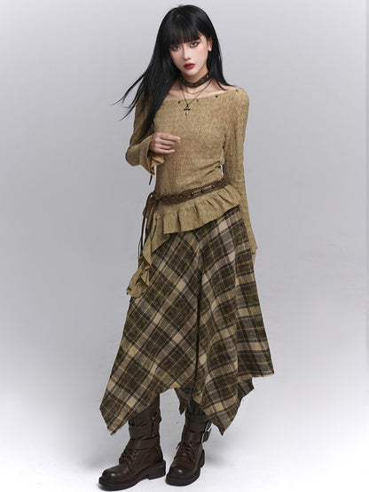 with Belt Zipper Detachable Gothic Hem Skirt Plaid Side Coffee Handkerchief