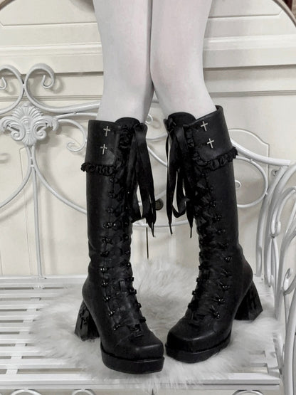 Gothic Lolita Tall Boots with Bow Accents & 8CM Cross Cutout Heel Design - Night Sakura Water Lantern